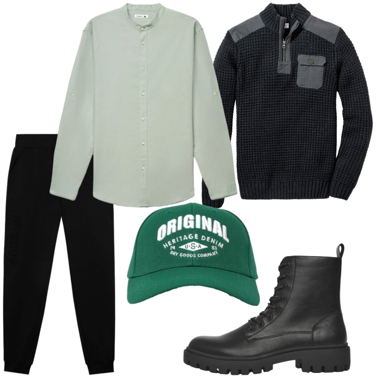 Outfit uomo - Casual. Stile Casual per Tutti i giorni. Abbinamento con maglieria, anfibi, cappelli con visiera, camicie, pantaloni.