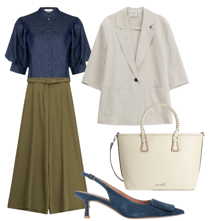 Outfit donna - Total look. Stile Bon Ton per Tutti i giorni. Abbinamento con décolleté, blazer, shopping bag, pantaloni a palazzo, camicie a manica corta.