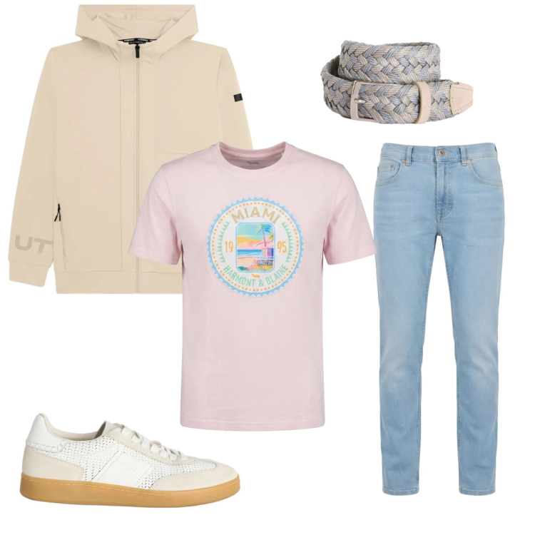 Outfit uomo - Look "Miami Vibes" in Pastello. Stile Casual per Tutti i giorni. Abbinamento con sneakers, jeans, t-shirt, cinture, felpe con cappuccio.