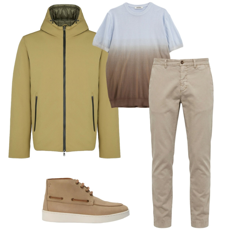 Outfit uomo - Total look #2389543. Stile Casual per Tutti i giorni. Abbinamento con t-shirt, pantaloni chino, stivali e stivaletti, parka.