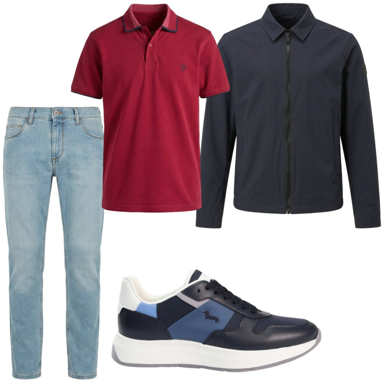Outfit uomo - Touch red. Stile Trendy per Tutti i giorni. Abbinamento con jeans slim fit, polo, sneakers, giacche.