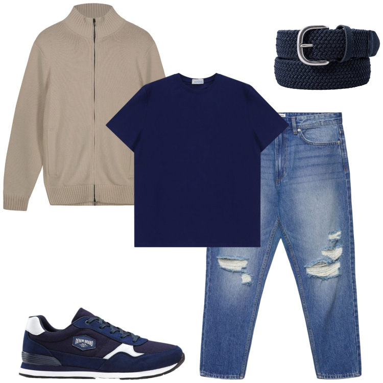 Outfit uomo - Total look #2389545. Stile Casual per Tutti i giorni. Abbinamento con sneakers, jeans strappati, t-shirt, cardigans, cinture.