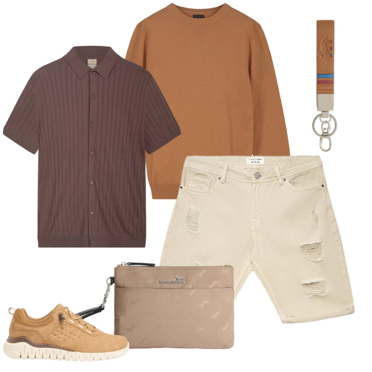 Outfit uomo - Eleganza in Sfumature Terrose. Stile Trendy per Tutti i giorni. Abbinamento con sneakers, bermuda, portachiavi, borse sportive, maglieria, polo.