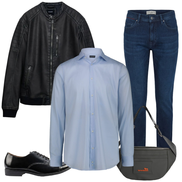 Outfit uomo - L\'Incontro tra Formale e Biker. Stile Casual per Tutti i giorni. Abbinamento con giacche, borse sportive, jeans slim fit, camicie, scarpe stringate.