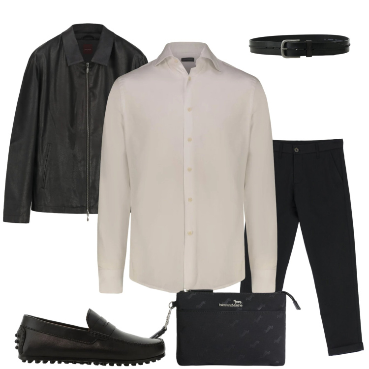 Outfit uomo - Midnight Minimalist. Stile Urban per Ufficio. Abbinamento con pantaloni, scarpe stringate, cinture, borse sportive, giacche, camicie.