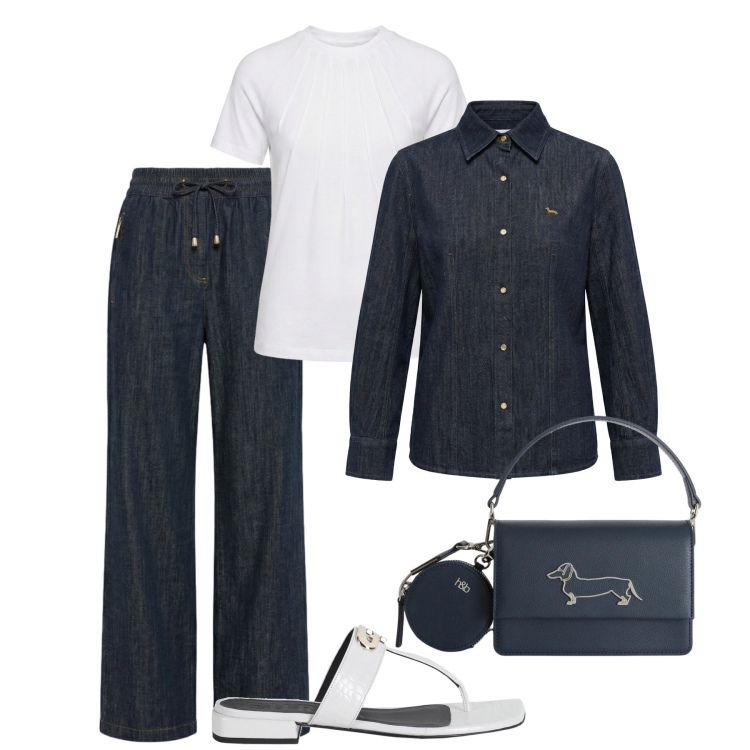 Outfit donna - Fresco chambray Harmont. Stile Urban per Tutti i giorni. Abbinamento con ciabatte, camicie, pantaloni, borse a tracolla, t-shirt.