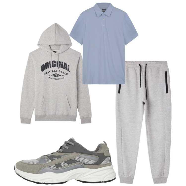Outfit uomo - Total look #2389561. Stile Urban per Sport. Abbinamento con sneakers, felpe con cappuccio, pantaloni, polo.