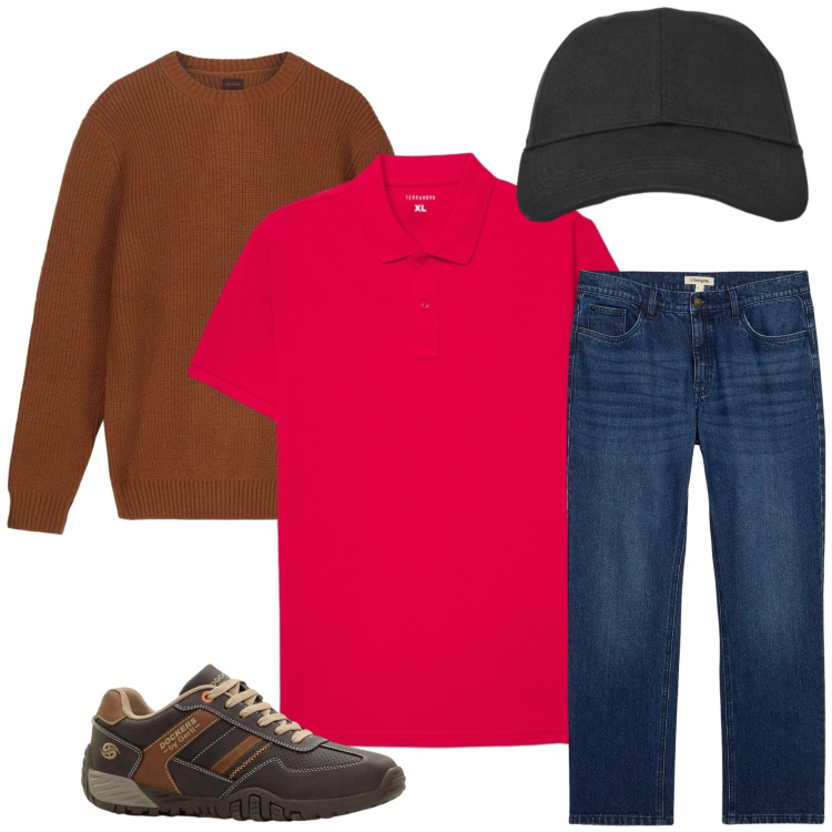 Outfit uomo - Dynamic Casual. Stile Urban per Tutti i giorni. Abbinamento con jeans dritti, sneakers, cappelli con visiera, polo, maglieria.
