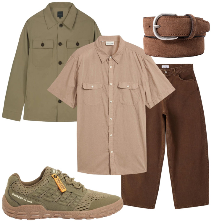 Outfit uomo - Modern Safari. Stile Urban per Ufficio. Abbinamento con sneakers, camicie a manica corta, jeans dritti, cappotti, cinture.