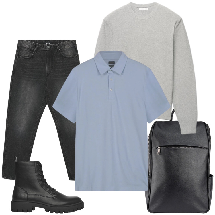 Outfit uomo - Urban Nordic. Stile Urban per Tutti i giorni. Abbinamento con anfibi, jeans, maglieria, borse sportive, polo.