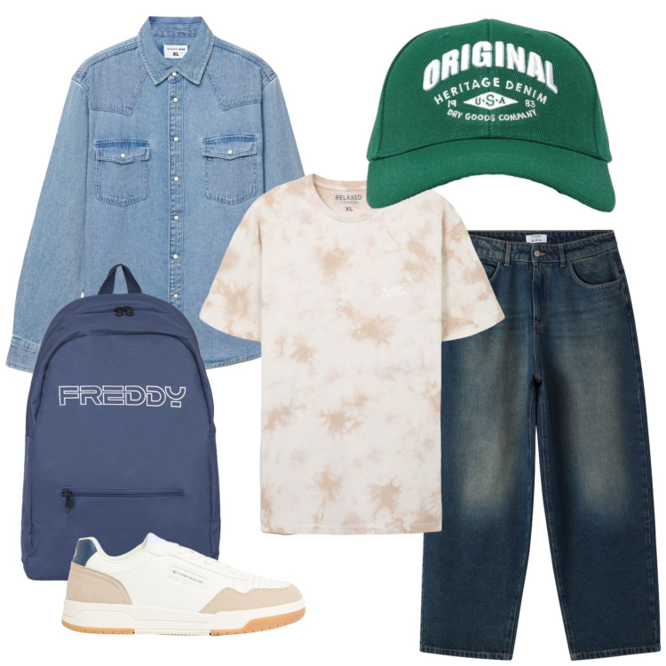 Outfit uomo - Nostalgic Denim. Stile Casual per Tutti i giorni. Abbinamento con sneakers, t-shirt, cappelli con visiera, camicie, jeans, borse sportive.