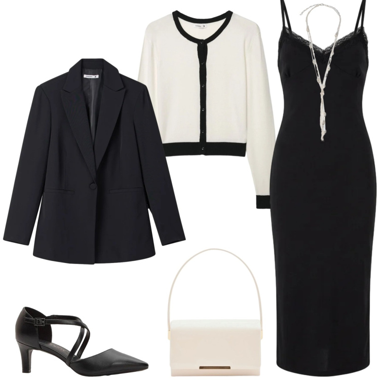 Outfit donna - Total look #2389571. Stile Bon Ton per Cerimonia. Abbinamento con décolleté, vestiti midi/longuette, blazer, cardigans, collane, pochette.