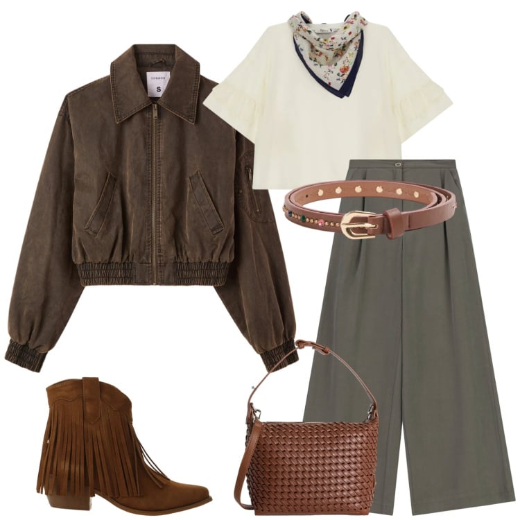Outfit donna - Total look #2389573. Stile Urban per Tutti i giorni. Abbinamento con bomber, cinture, pantaloni a palazzo, stivaletti texani, top, borse a spalla.