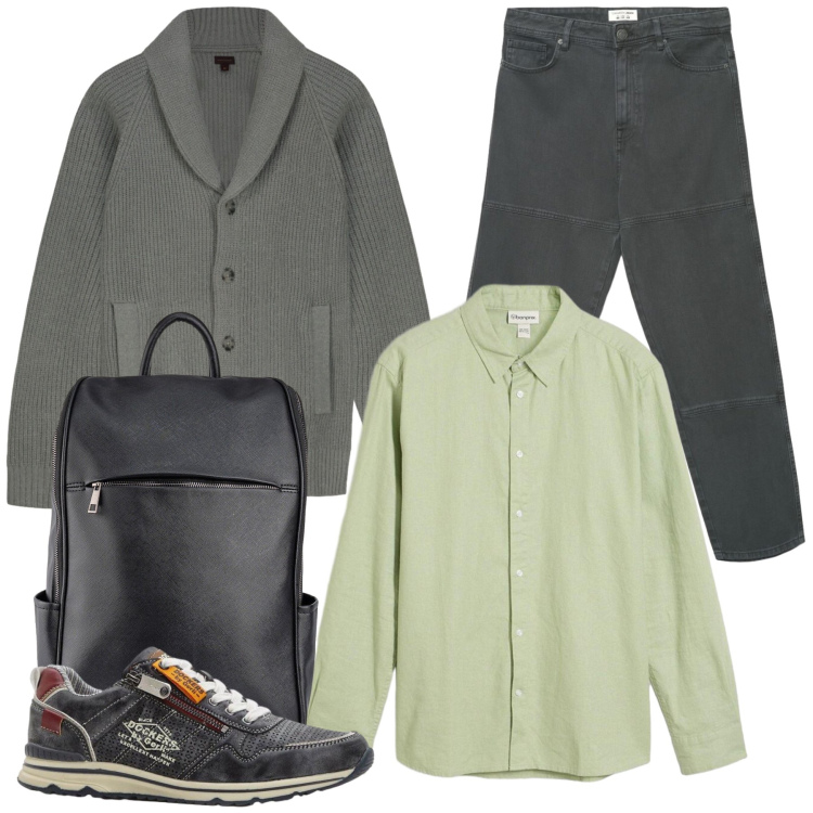 Outfit uomo - L\'Eleganza del Comfort. Stile Trendy per Tutti i giorni. Abbinamento con sneakers, camicie, jeans, borse sportive, cardigans.