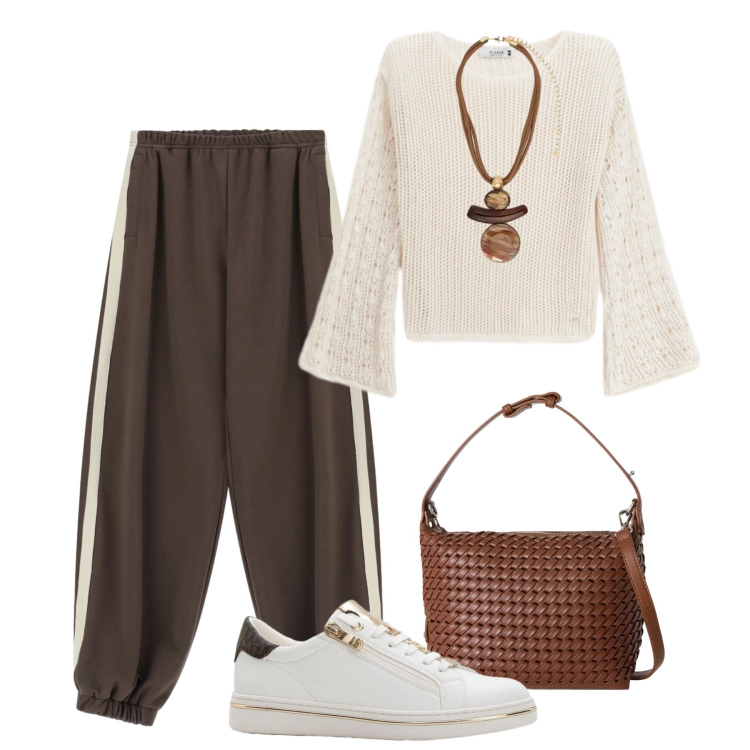 Outfit donna - Easy look in trend. Stile Trendy per Tutti i giorni. Abbinamento con sneakers, pantaloni, ciondoli, maglieria, borse a spalla.