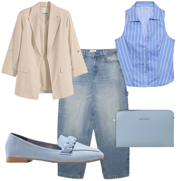 Outfit donna - Total look #2389578. Stile Casual chic per Tutti i giorni. Abbinamento con mocassini, blazer, jeans, camicie a manica corta, borse a tracolla.