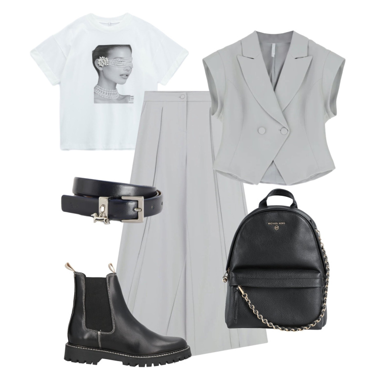 Outfit donna - Ufficio trendy Imperial. Stile Casual chic per Ufficio. Abbinamento con zaini, stivaletti chelsea, gilet, pantaloni a palazzo, t-shirt, cinture.
