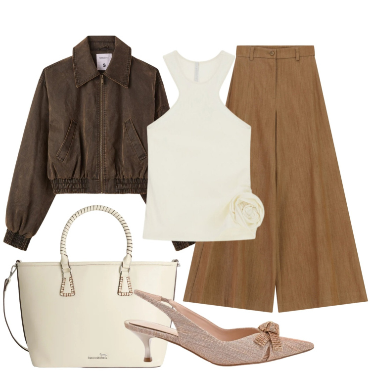 Outfit donna - Total look #2389587. Stile Chic per Serata fuori. Abbinamento con bomber, shopping bag, pantaloni a palazzo, top, décolleté.