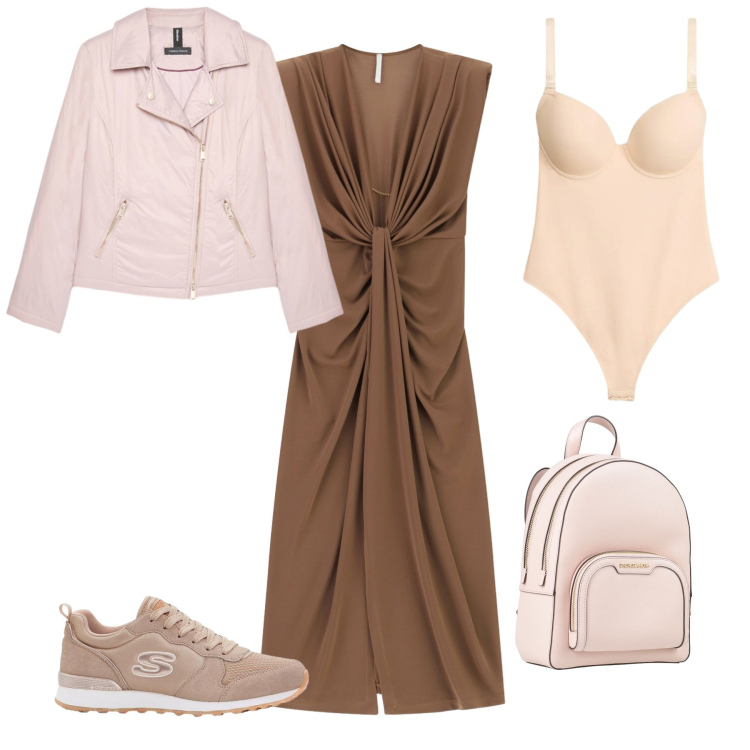 Outfit donna - Soft chic. Stile Casual chic per Ufficio. Abbinamento con zaini, body, sneakers, vestiti lunghi, piumini.