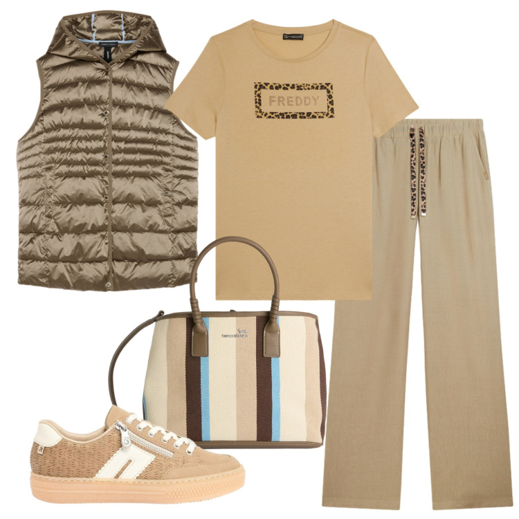 Outfit donna - Tempo libero. Stile Casual per Tutti i giorni. Abbinamento con sneakers, piumini, shopping bag, t-shirt, pantaloni.