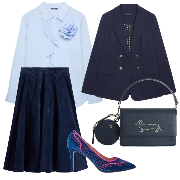 Outfit donna - Lunedì al lavoro. Stile Glamour per Ufficio. Abbinamento con décolleté, gonne, camicie, blazer, borse a tracolla.