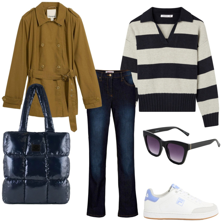 Outfit donna - Urban style. Stile Urban per Tutti i giorni. Abbinamento con jeans dritti, occhiali da sole, sneakers, trench, maglieria, shopping bag.