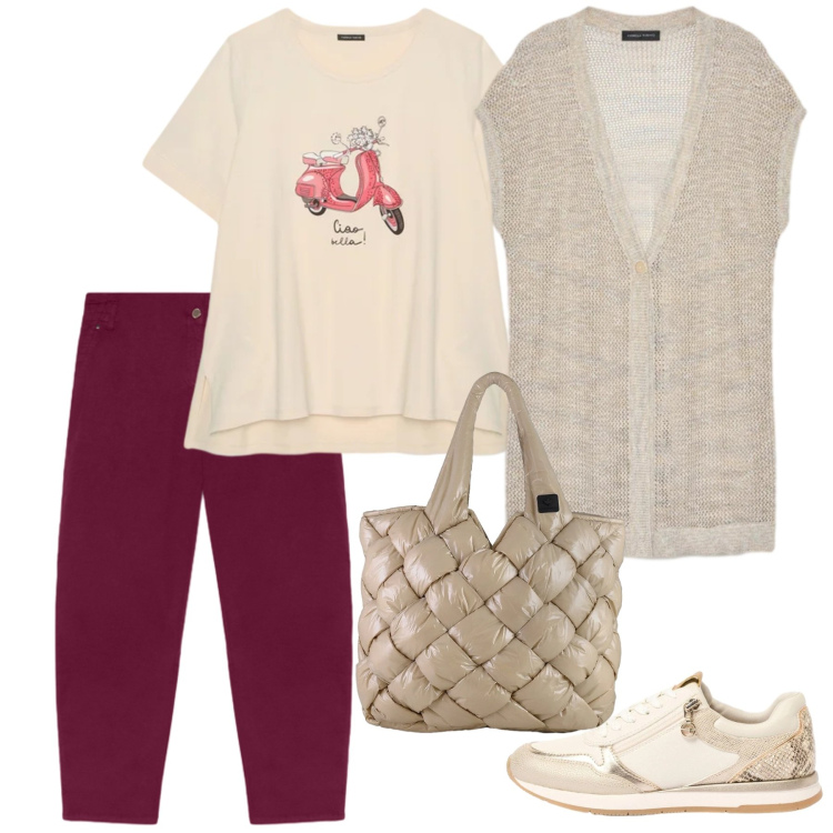 Outfit donna - In primavera. Stile Casual per Tutti i giorni. Abbinamento con sneakers, maglieria, t-shirt, pantaloni, borse tote.