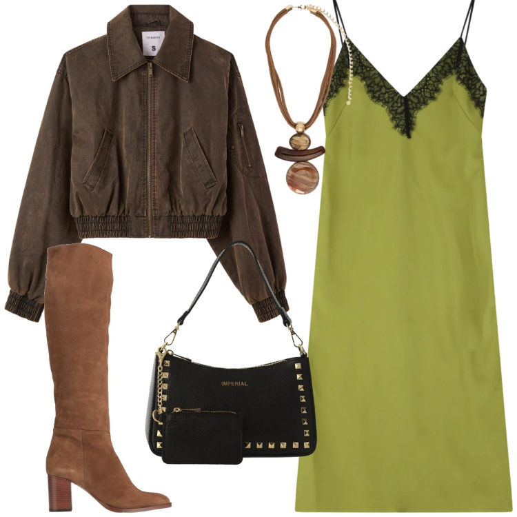 Outfit donna - Serata fuori. Stile Trendy per Serata fuori. Abbinamento con stivali, bomber, ciondoli, vestiti midi/longuette, borse a spalla.