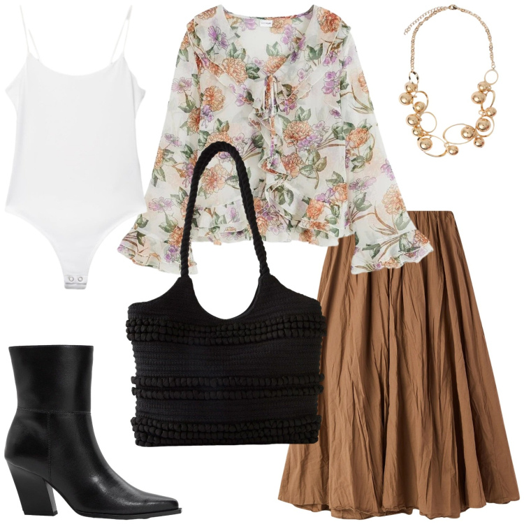 Outfit donna - Country vibes. Stile Boho per Tutti i giorni. Abbinamento con bluse, shopping bag, stivaletti, top, gonne lunghe, collane.