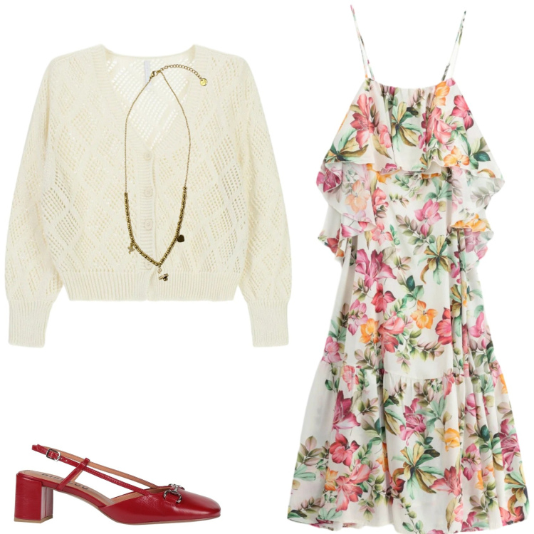 Outfit donna - I colori della primavera. Stile Chic per Serata fuori. Abbinamento con décolleté, cardigans, vestiti lunghi, ciondoli.