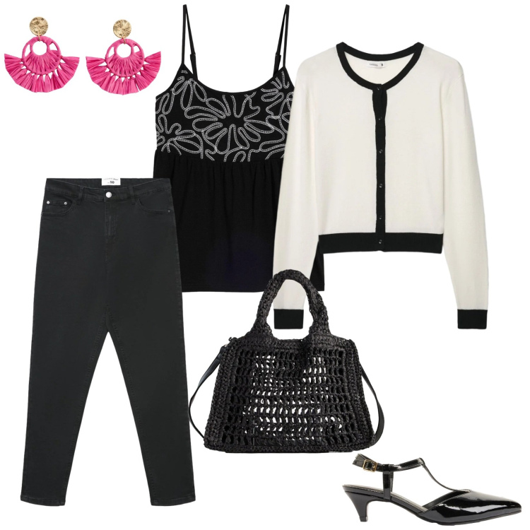 Outfit donna - Iniziamo la settimana. per Tutti i giorni. Abbinamento con orecchini, borse a tracolla, canottiere, décolleté, cardigans, jeans skinny.