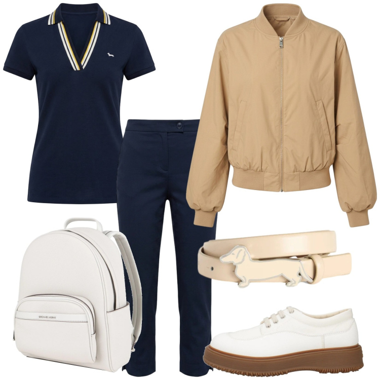 Outfit donna - Quotidiana. Stile Casual per Tutti i giorni. Abbinamento con scarpe stringate, zaini, cinture, polo, pantaloni capri, bomber.