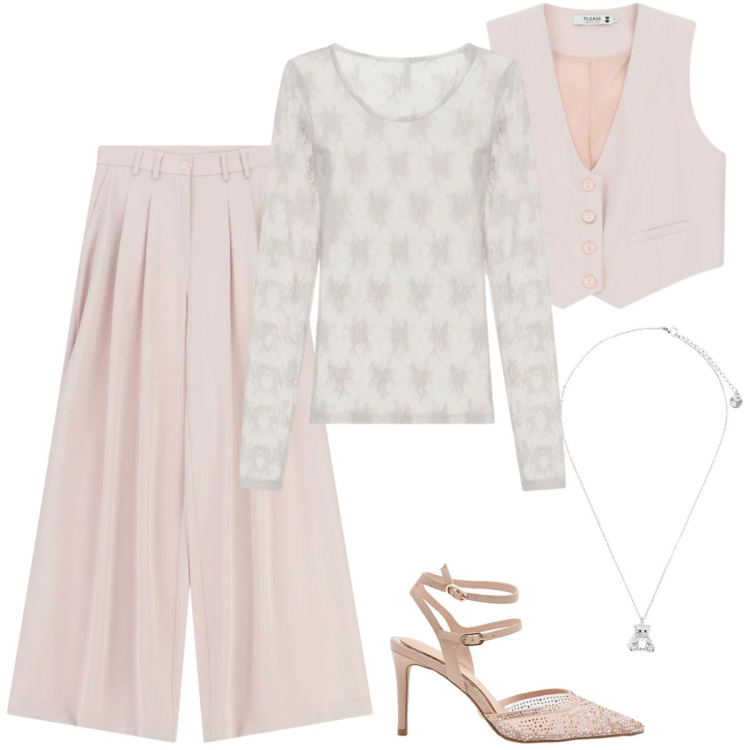Outfit donna - Total look #2389662. Stile Chic per Cerimonia. Abbinamento con pantaloni a palazzo, gilet, top, décolleté, ciondoli.
