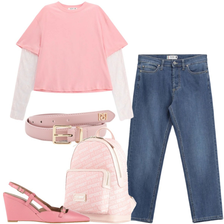 Outfit donna - Total look #2389664. Stile Casual chic per Tutti i giorni. Abbinamento con décolleté, zaini, cinture, t-shirt, jeans.