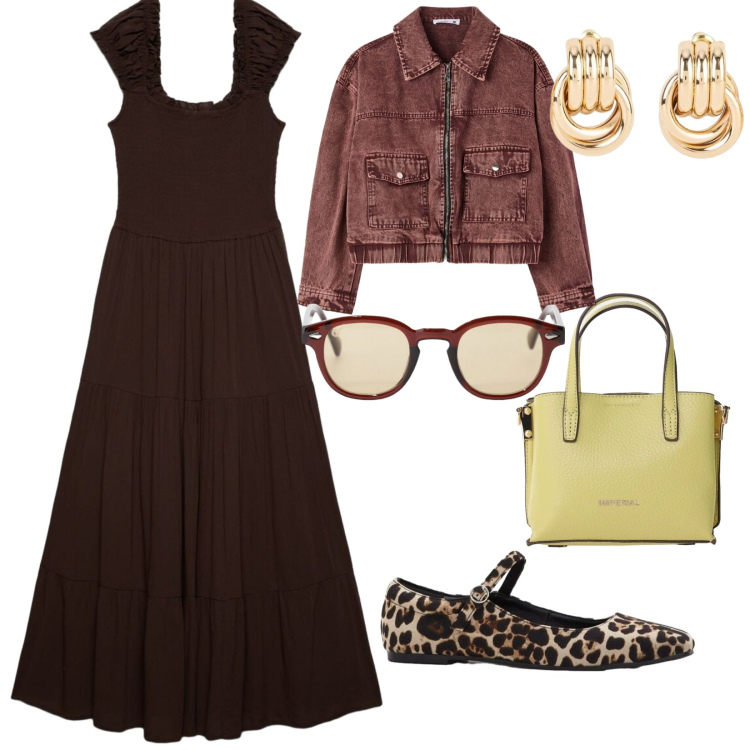 Outfit donna - Maggio. per Mare. Abbinamento con ballerine, orecchini, bomber, vestiti lunghi, occhiali da sole, borse a tracolla.