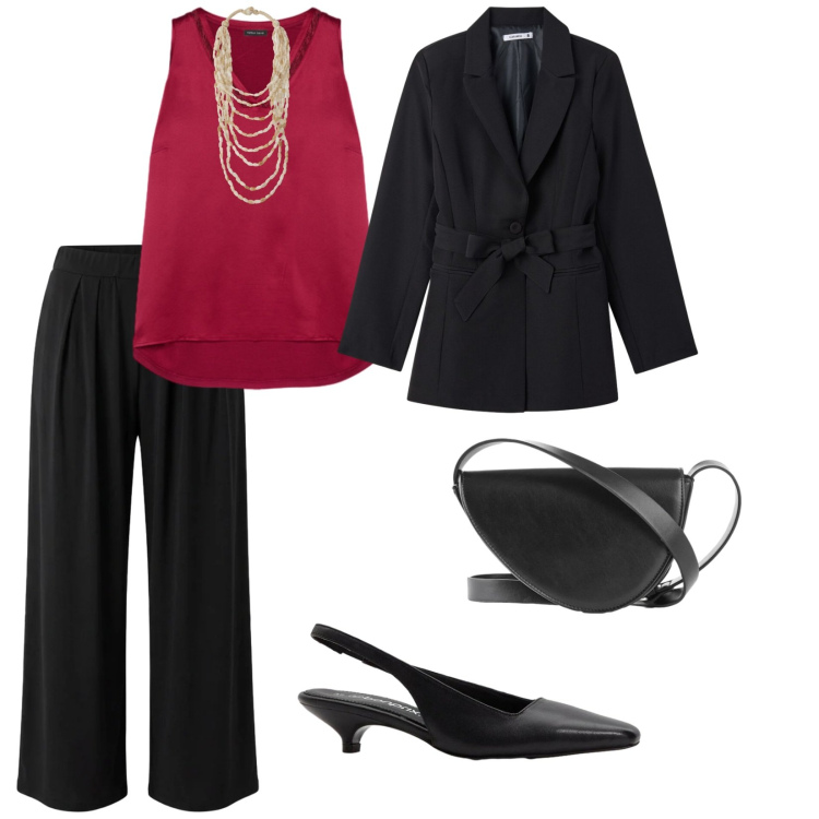 Outfit donna - Serate di primavera. per Serata fuori. Abbinamento con borse a tracolla, décolleté, pantaloni, blazer, collane, top.