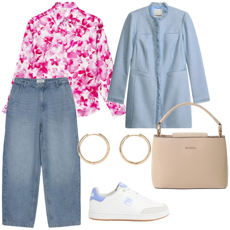 Outfit donna - Fresca e luminosa. per Tutti i giorni. Abbinamento con orecchini, blazer, sneakers, camicie, jeans dritti, borse a secchiello.