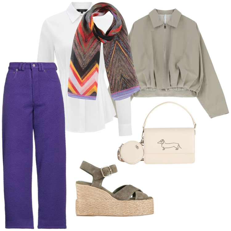 Outfit donna - Pantaloni viola. per Tutti i giorni. Abbinamento con espadrillas, pantaloni, sciarpe, bomber, camicie, borse a tracolla.