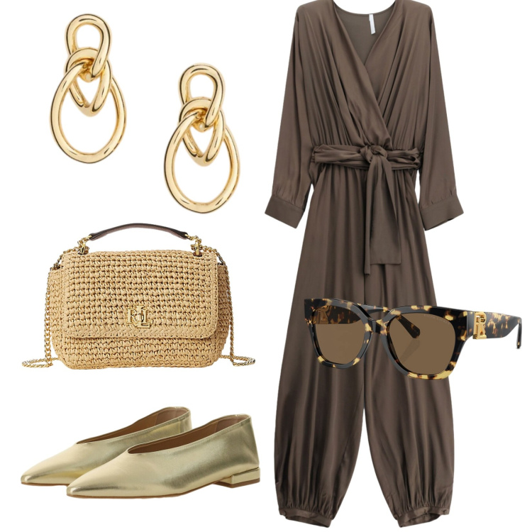 Outfit donna - La comunione di Pio. Stile Glamour per Cerimonia. Abbinamento con tute, borse a spalla, occhiali da sole, orecchini, ballerine.