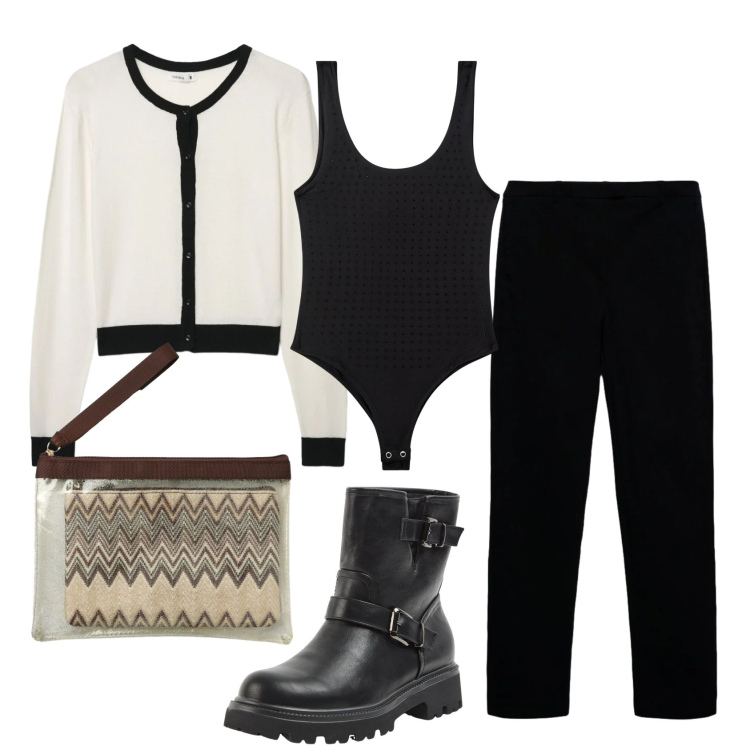 Outfit donna - Total look #2389686. Stile Casual per Ufficio. Abbinamento con pantaloni skinny, stivaletti, body, cardigans, pochette.