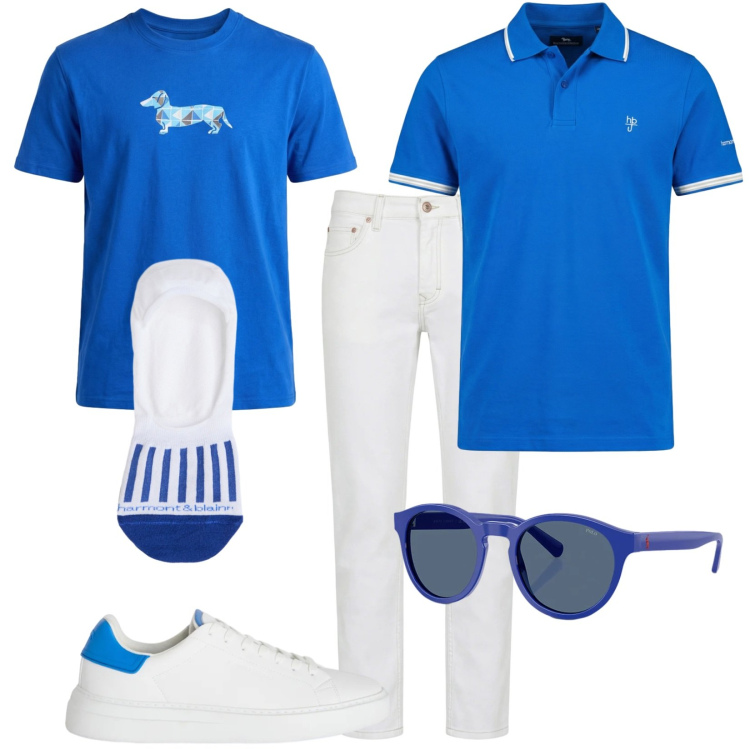 Outfit uomo - Direzione estate. Stile Trendy per Tutti i giorni. Abbinamento con jeans, sneakers, calzini, t-shirt sportive, polo, occhiali da sole.