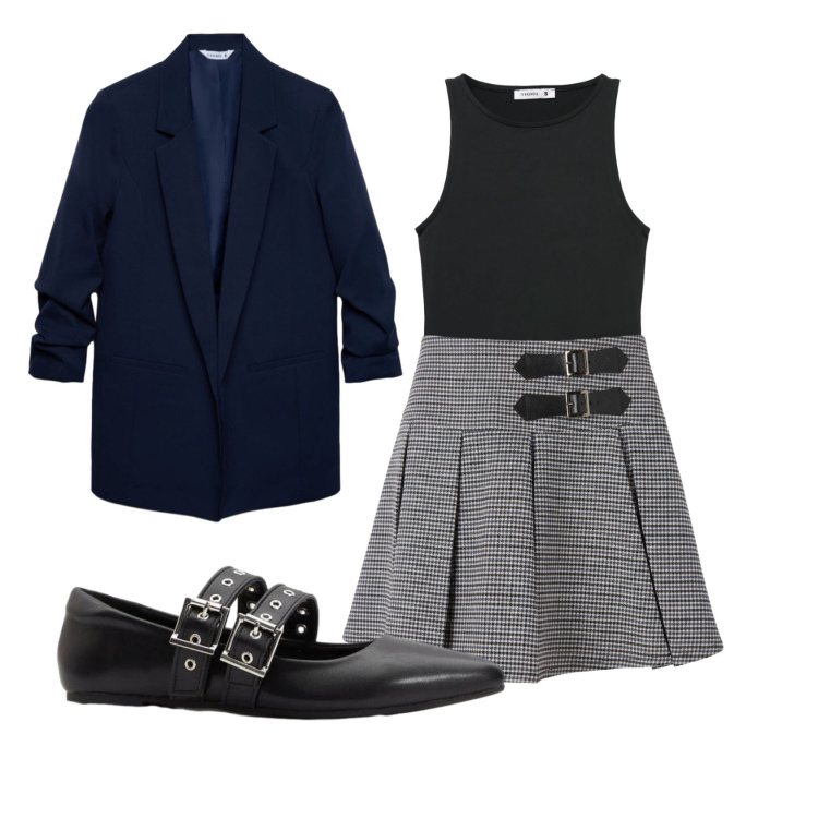 Outfit donna - Total look #2389691. Stile Preppy per Ufficio. Abbinamento con ballerine, blazer, top, minigonne.
