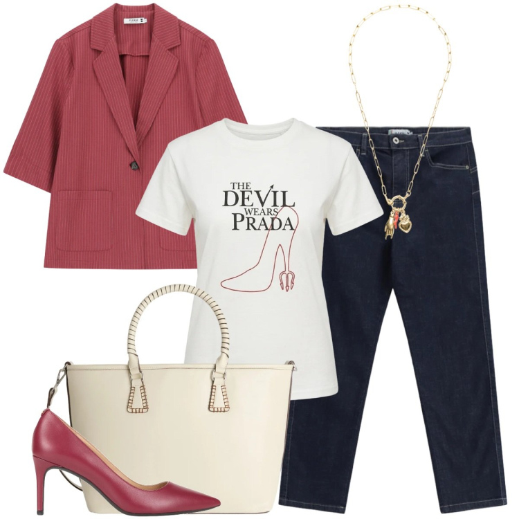 Outfit donna - Total look #2389695. Stile Casual chic per Ufficio. Abbinamento con décolleté, t-shirt, jeans slim fit, blazer, shopping bag, ciondoli.