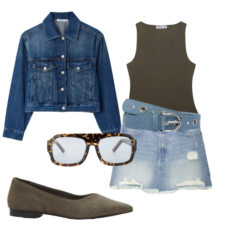 Outfit donna - Total look #2389705. Stile Trendy per Tutti i giorni. Abbinamento con ballerine, cinture, top, minigonne, cappotti, occhiali da sole.