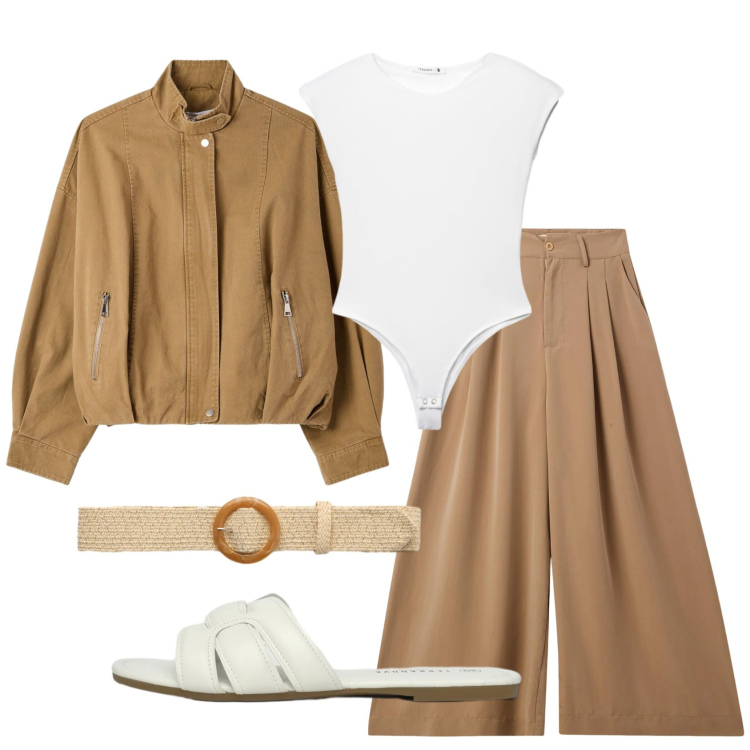 Outfit donna - Total look #2389706. Stile Minimal per Tutti i giorni. Abbinamento con pantaloni, bomber, ciabatte, top, cinture.