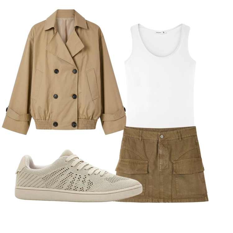 Outfit donna - Total look #2389709. Stile Casual per Tutti i giorni. Abbinamento con sneakers, top, trench, minigonne.