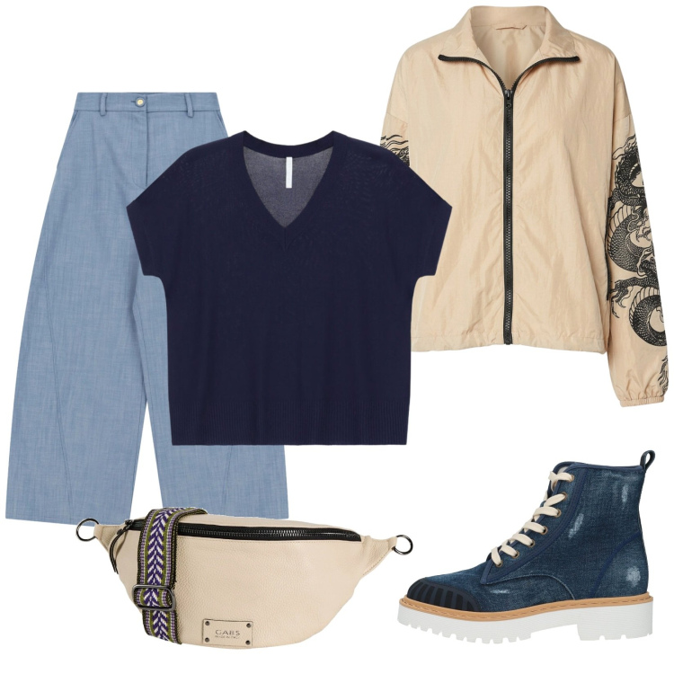 Outfit donna - Total look #2389710. Stile Trendy per Tutti i giorni. Abbinamento con stivaletti, marsupi, jeans, t-shirt, bomber.
