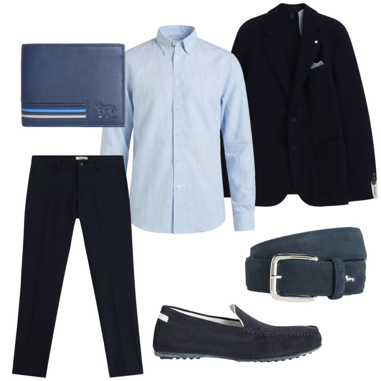Outfit uomo - Blu. Stile Business/Elegante per Ufficio. Abbinamento con pantaloni, giacche, scarpe stringate, cinture, portafogli, camicie.