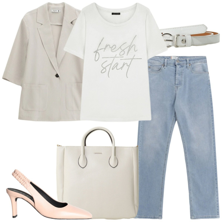 Outfit donna - Total look #2389712. Stile Casual chic per Ufficio. Abbinamento con décolleté, borse a tracolla, cinture, t-shirt, blazer, jeans.