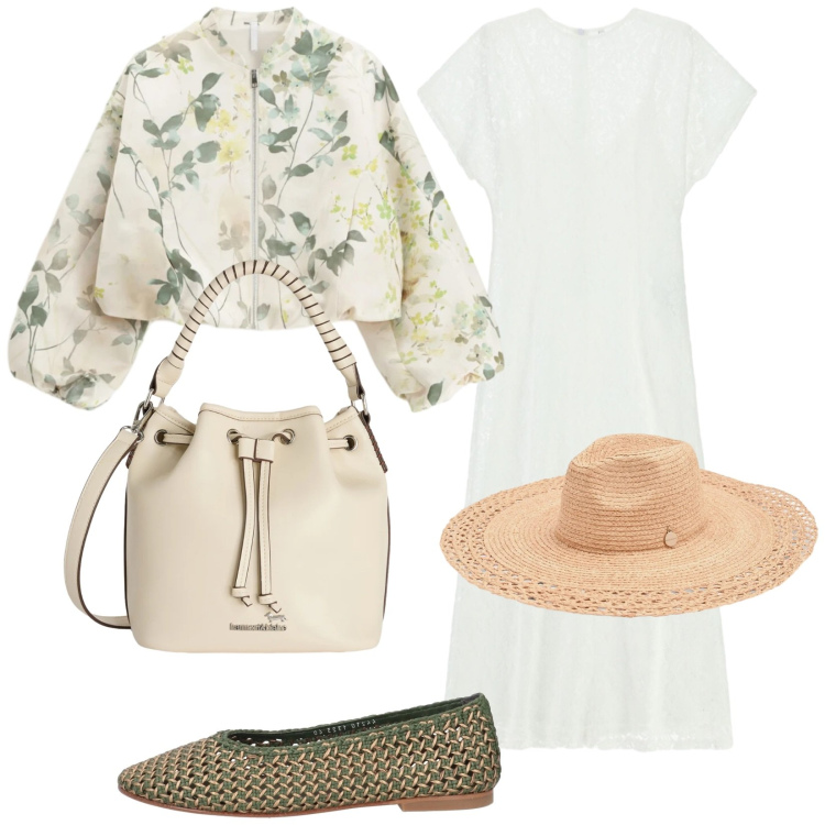 Outfit donna - Pranzo primaverile. Stile Romantica per Tutti i giorni. Abbinamento con ballerine, vestiti midi/longuette, bomber, cappelli, borse a secchiello.